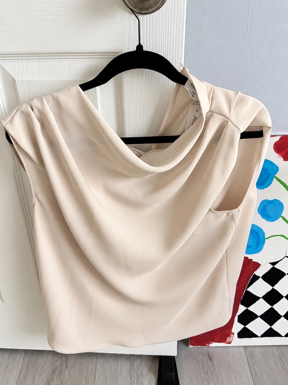 Aritzia Draped Neck Sleeveless Blouse in Light Beige NWT